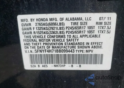 2011 Honda Pilot Ex-L из США, поврежденный, VIN 5FNYF4H71BB099443